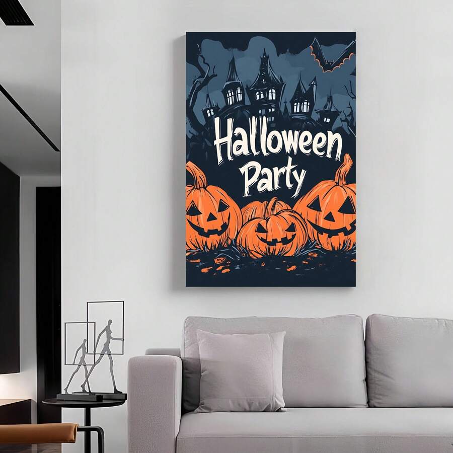 1 Piece,Cartoon Style, Pumpkin And Bat Dancing, "Halloween Party", Modern Frameless Art Decoration Painting, Printed Posters Mural, Waterproof Canvas,Suitable For Home, Office, Bedroom, Living Room, Study, Bathroom, Bar, Wall Arts And Home Decoration, Is An Ideal Holiday Gift Halloween Decor Fall Decor Room Decor