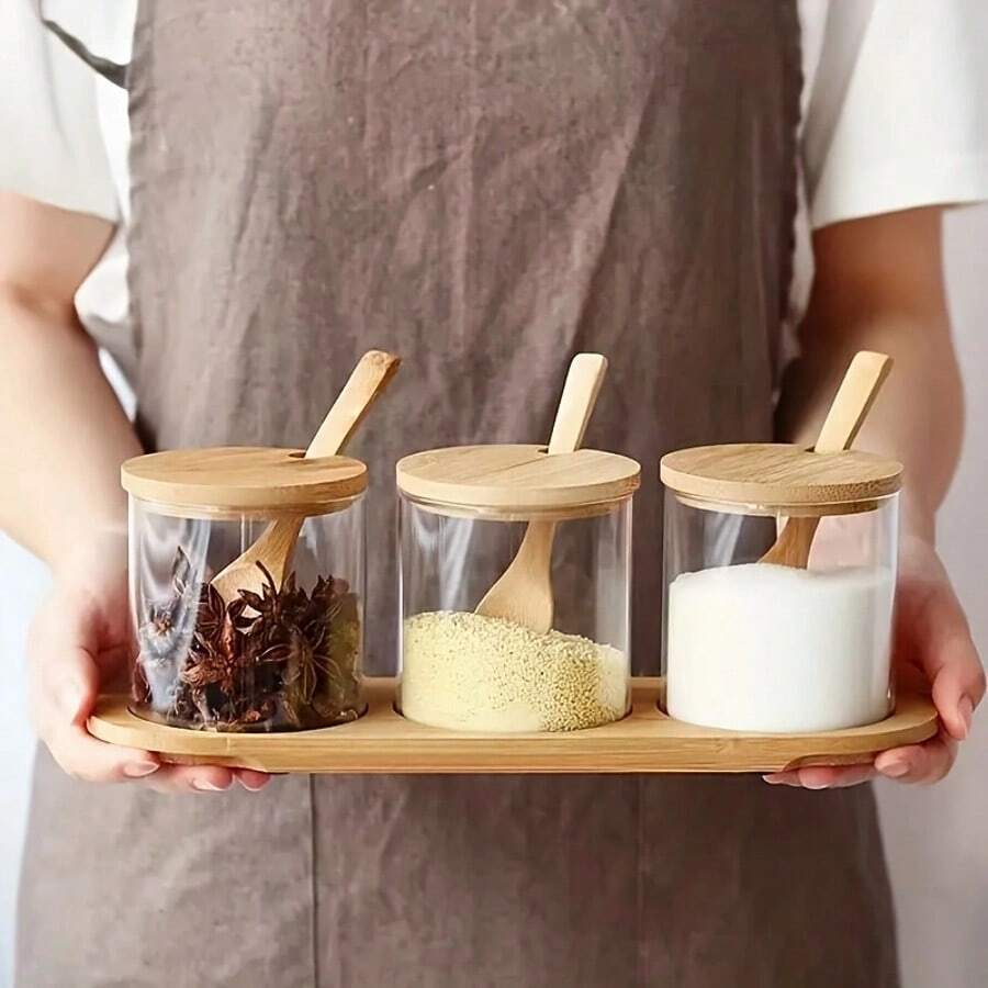 1/3/4pcs - 340ml Glass Spice Jars, Herb Containers, Kitchen Organizers And Grain Storage Containers With Bamboo Lids - Glass Jars For Coffee, Spices, Salt, Condiment Storage - Novelty Seasoning Storage Set
