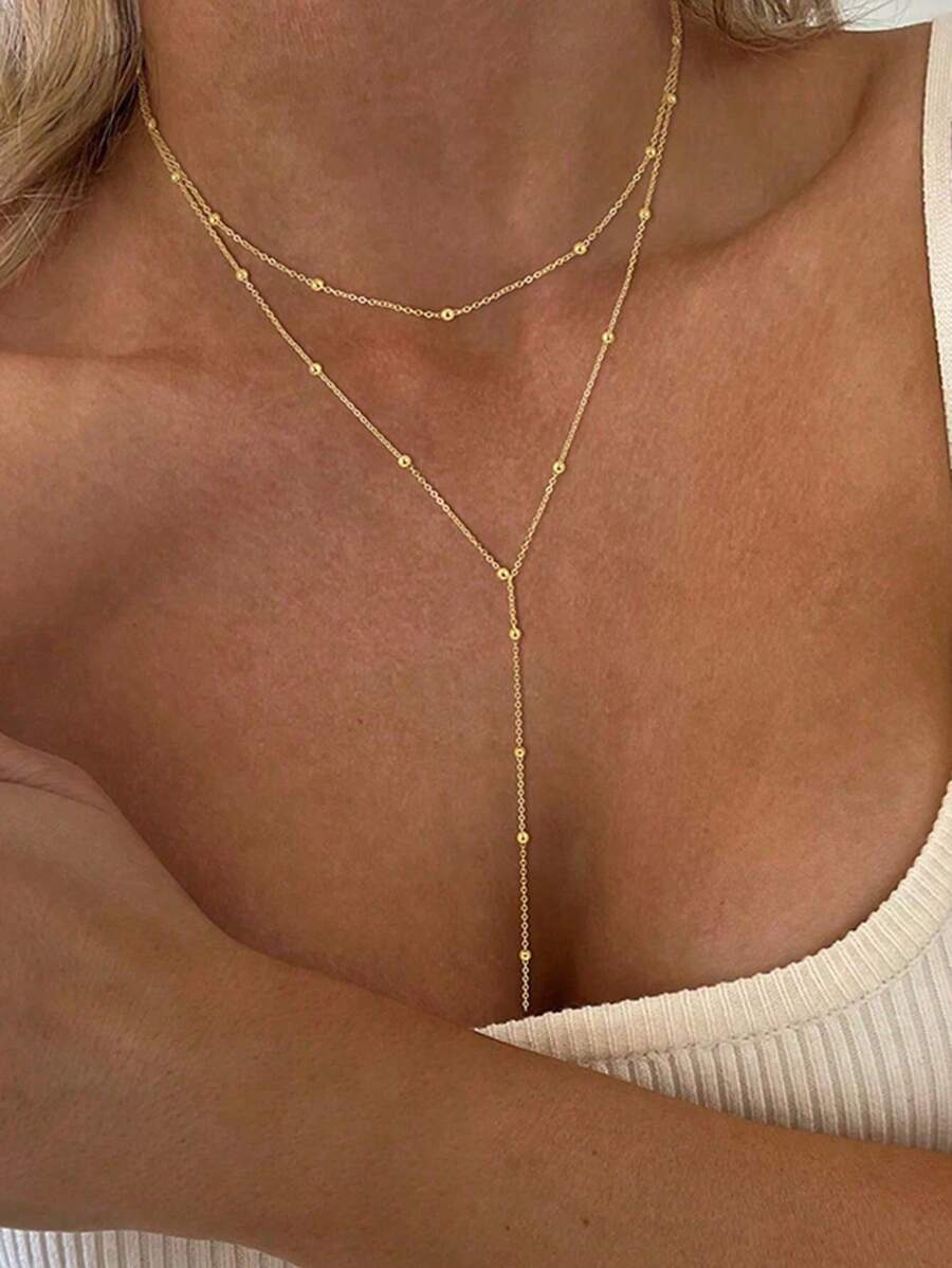 1 Pc Stainless Steel Double-Layer Necklace Long Pendant Necklace Jewelry Y-Shaped Chain With Round Ball Pendant Double Chain Necklace For Women Daily Wear