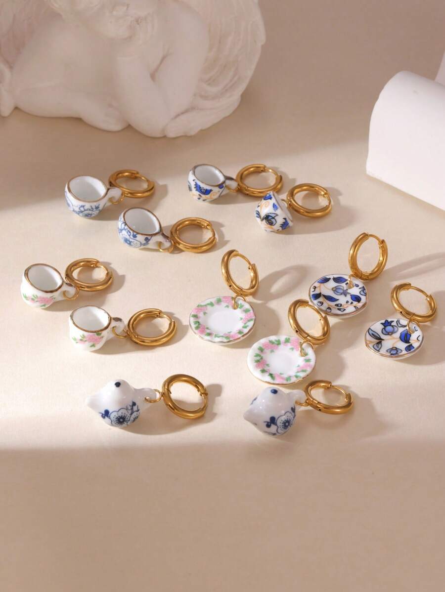1 Pair Fashionable Chinese Style 18K Stainless Steel Ceramic Teacup & Teapot Design Earrings For Women, Suitable For Everyday Wear