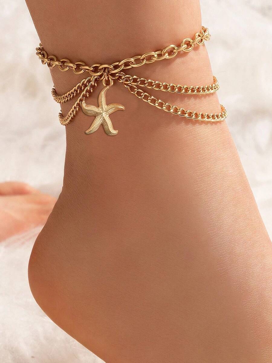 1 pièce Bracelet de cheville en acier inoxydable multicouche en forme d'étoile de mer, mode élégante pour soirée sexy, plage, vacances, tenue décontractée quotidienne, cadeau de vacances