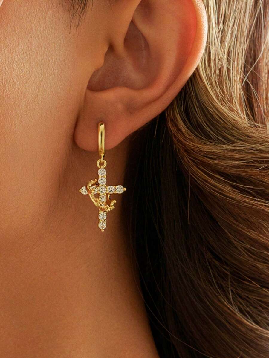 2Pcs Gold Crown Cross Hoop Earrings For Women, Sparkling Crystal Detail, Elegant Religious Jewelry For Daily Wear, Gift For Christmas Or Special Occasions