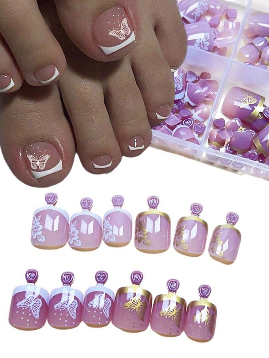 96pcs/Set (White Flower/Gold Flower/Gold Butterfly/White Butterfly) Short Square French Manicure Nail Stickers, Summer Full Coverage Press-On Nails With Reusable Storage Box, Women Nail Art Tools