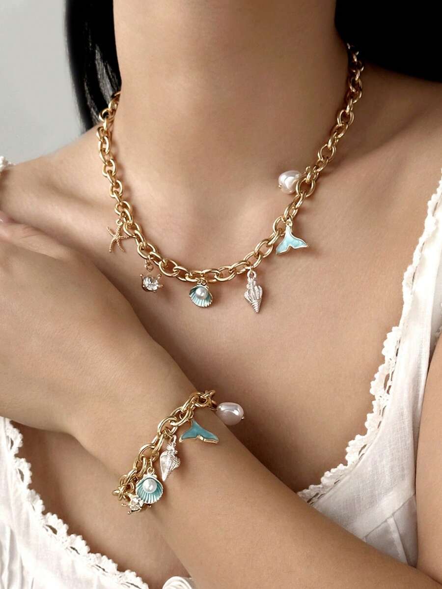 1 pieza Pulsera para mujeres con gota azul, cola de pez, concha y estrella de mar, un regalo de amistad elegante y personalizado, decoración fresca y delicada