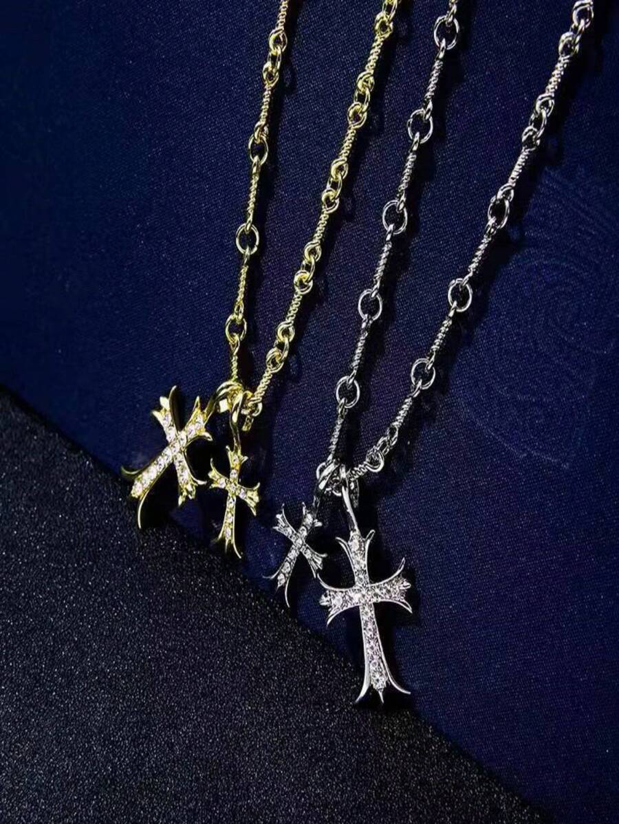 Halskette mit Kreuz, vergoldet/versilbert Anhänger mit doppeltem Kreuz, zarter Diamant-Kreuz Dekor an der Gliederkette, diskreter Choker, delikater Glaubensschmuck, religiöse Geschenke für Frauen