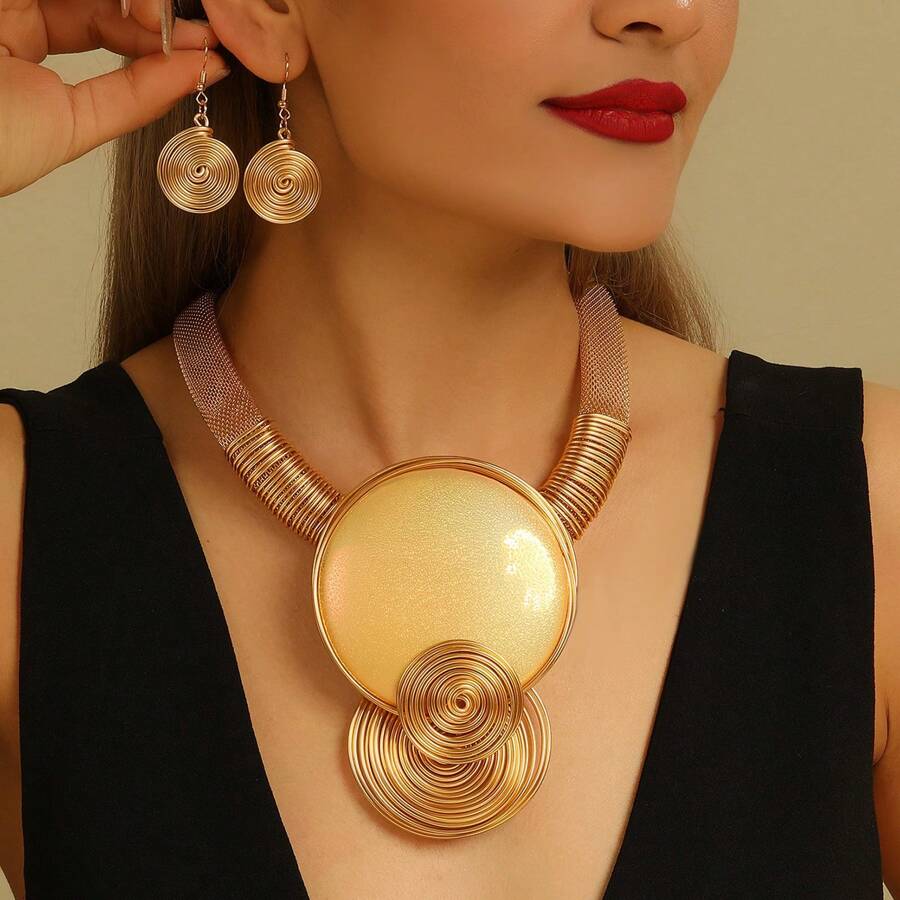 Bohemian Style Handmade Aluminum Wire & Resin Necklace Earring Set, Suitable For Casual, Holiday, Party Wear