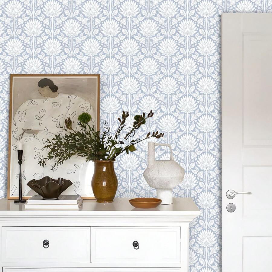 1 rouleau de papier peint autocollant de style bohème, motif floral bleu et blanc, imperméable, amovible. Convient pour la chambre, la salle à manger, le couloir, la décoration de la maison, l'armoire, la bibliothèque, les meubles, la décoration murale, le papier peint, rafraîchissez votre maison pour l'été, autocollant de décoration de vacances, cadeau pour l'anniversaire, la remise des diplômes, la rentrée scolaire