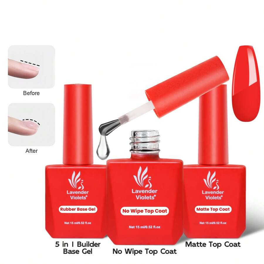 3 Piezas 15ml 5en1 Conjunto De Gel De Base Constructora Y Capa Superior Brillante Y Capa Superior Mate Multifunción Para Pegamento De Puntas De Uñas / Base / Construcción / Extensión / Pegamento Para Piedras Preciosas, Kit De Esmaltado De Uñas De Gel Uv