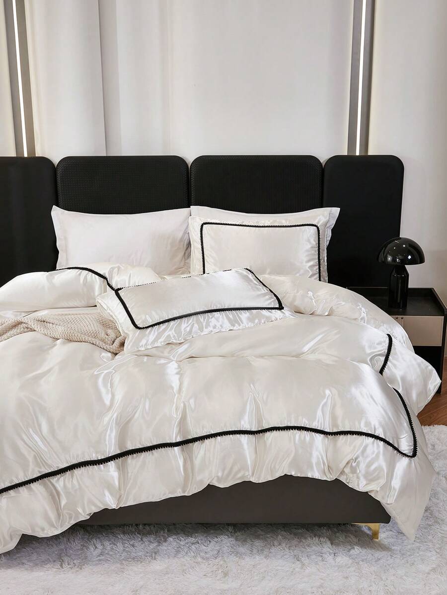 3pcs White Simple Solid Color & Small Ball Decor Duvet Cover Set (1 Duvet Cover + 2 Pillow Covers, No Filling), Daily Use Polyester Soft & Skin-Friendly, Suitable For Master Bedroom, Guest Room, All Seasons, Gift Choice