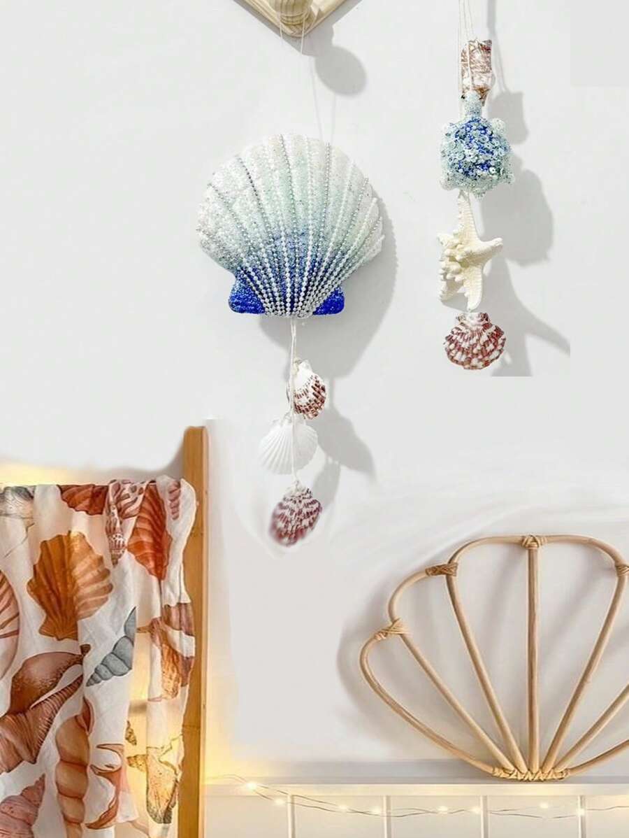 1pc Handmade Natural Seashell & Starfish Wall Hanging Decor – Coastal Summer Home Decor With Pearls & Glitter, Boho Beach Theme Wall Art For Living Room, Bedroom, Nursery Decor Seashell Wall Decor With Pearls – Coastal Summer Home Hanging Art For Beach Theme Rooms, Pink Girls Bedroom Decor