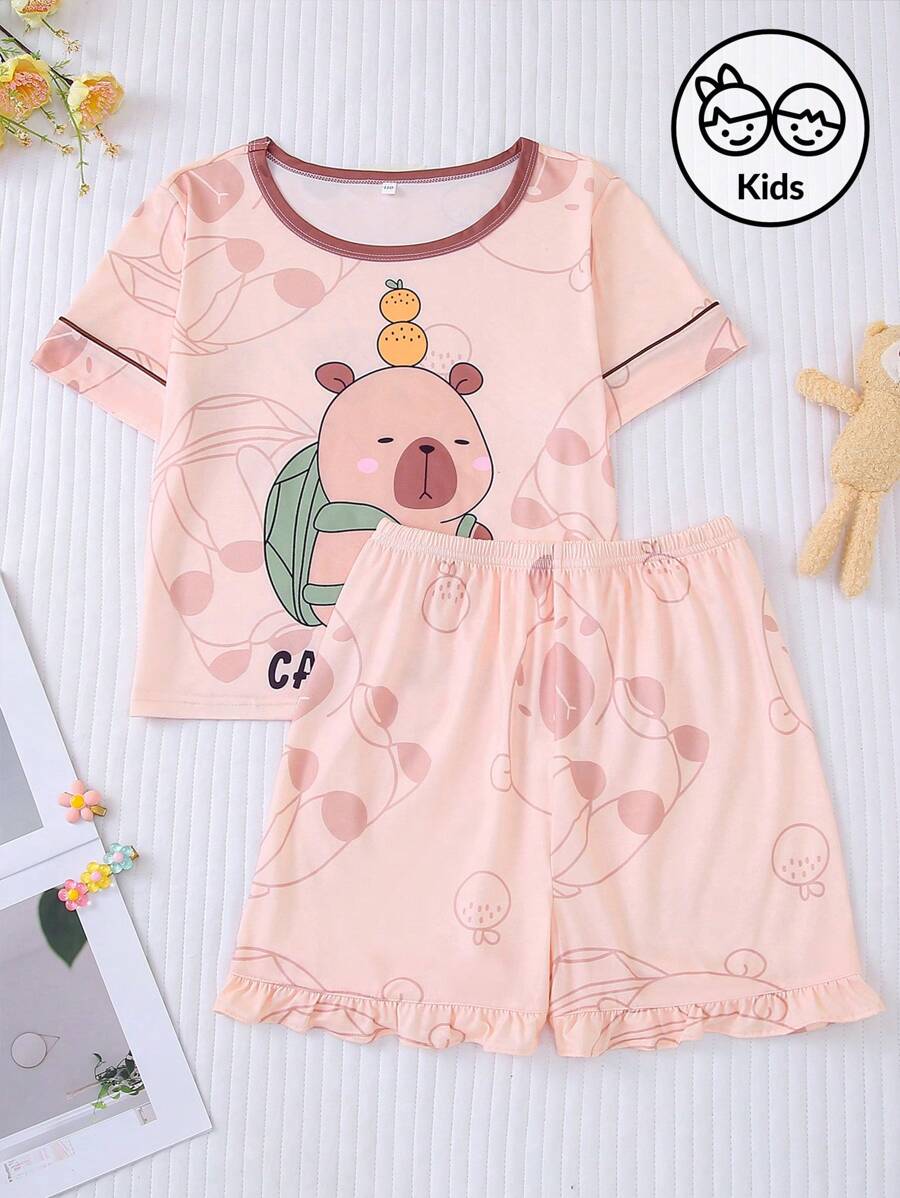 Set de 2 piezas Pijamas de manga corta para niños, nuevos pijamas de verano ligeros con cuello redondo y estampado de capibaras de dibujos animados abstractos, aptos para uso al aire libre, de niña pequeña a adolescente