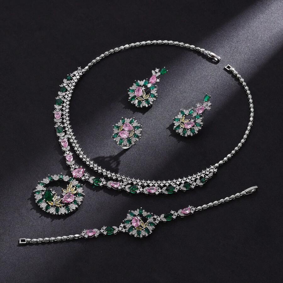 Fashion Colorful Cubic Zirconia Bridal Jewelry Set Saudi Arabia Wedding 4 PCS Necklace Jewellery Accessories