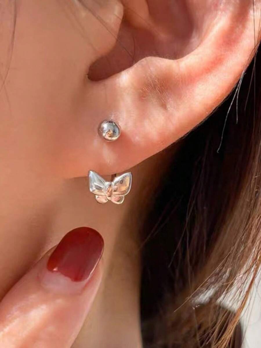 GAGAFEEL 1 par de brincos de borboleta com contas redondas e parafuso de prata esterlina S925, design de nicho, modernos e descolados, adequados para uso diário feminino