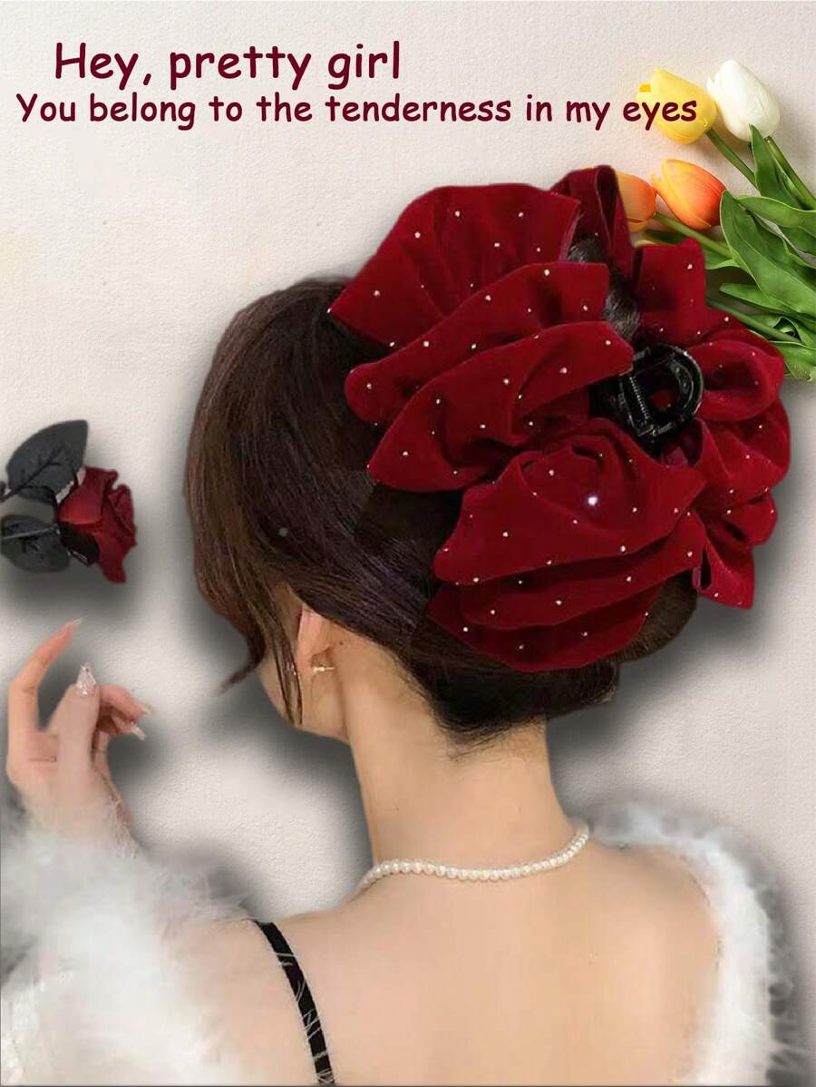 1 pièce Épingle à cheveux pour femme en bordeaux élégante et de haute qualité avec décoration de strass scintillante, grand papillon, accessoire capillaire convenant pour une fête, un banquet, une décoration brillante, une sortie, une tenue décontractée. Accessoire de tenue d'été, accessoires capillaires élégants, pinces à cheveux mode femme