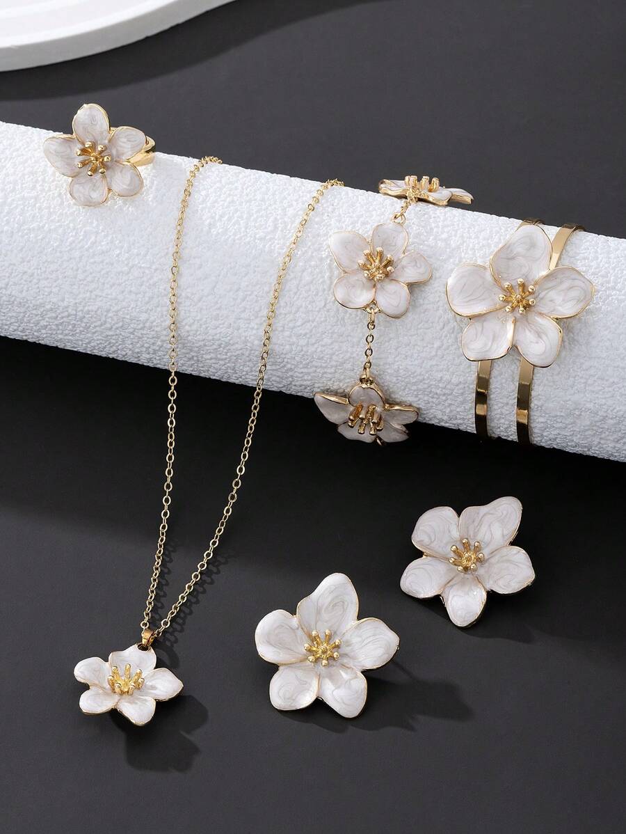 1 Set Luxury Resort Style White Flower Shaped Bracelet, Ring, Necklace, Earrings Women's Jewelry Set, Gift For Date, Couple
