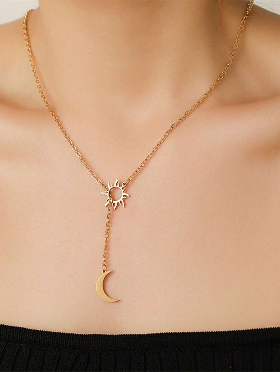 1 Pc Sun & Moon Stainless Steel Pendant Necklace, Minimalist Style Long Chain Necklace, European American Design