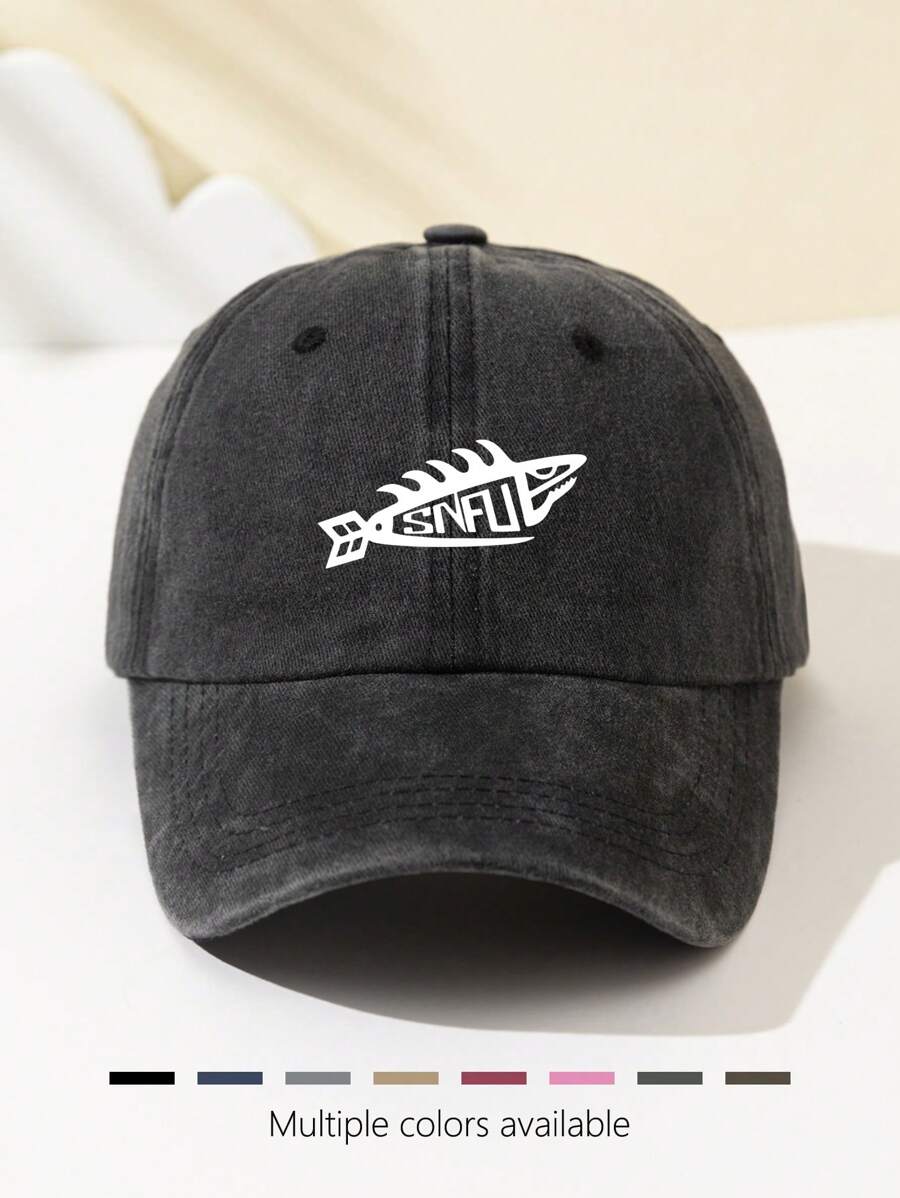 1 Stück Damen ausgewaschene SNFU Fisch Muster Mode Softtouch Baseballkappe, personalisiertes minimalistisches Design, verstellbarer Umfang, atmungsaktiver Sonnenhut, Geschenk für Feiertage, Studenten, Outdoor-Sport, Camping, Reisen
