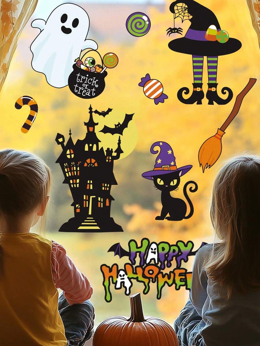 Halloween Cartoon Witch Castle Wall Stickers, PVC Waterproof Wall Decals For Room, Window, Wall Decoration Home Party Classroom Office Room Decor Personalised Stickers Halloween Decor Home Decor Fall Decor