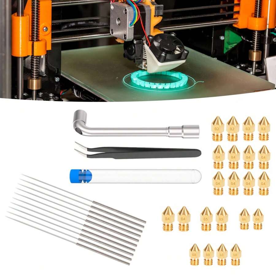 MK8 3D Drucker Messing Düsen Set und Reinigungsnadeln, Pinzette, Schraubenschlüssel 0,2-1,0mm feine Spitze Drucker Zubehör und Reinigungswerkzeug-Set