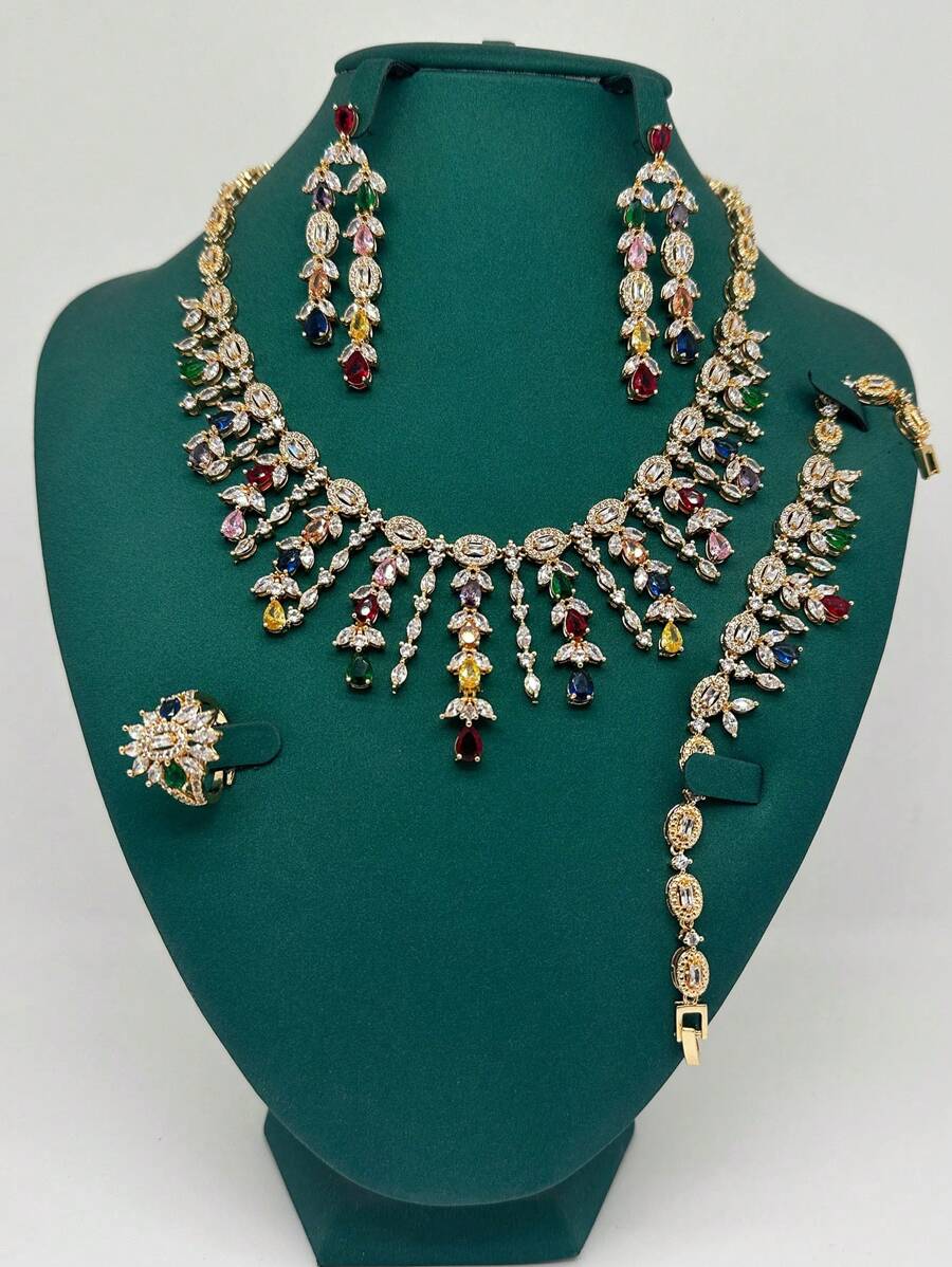 5pcs/Set Luxury Bridal Jewelry Set, Colorful Yellow/Black Cubic Zirconia Necklace, Earrings, Bracelet & Ring, Wedding Party Jewelry Set, Mother's Day/Valentine's Day Gift