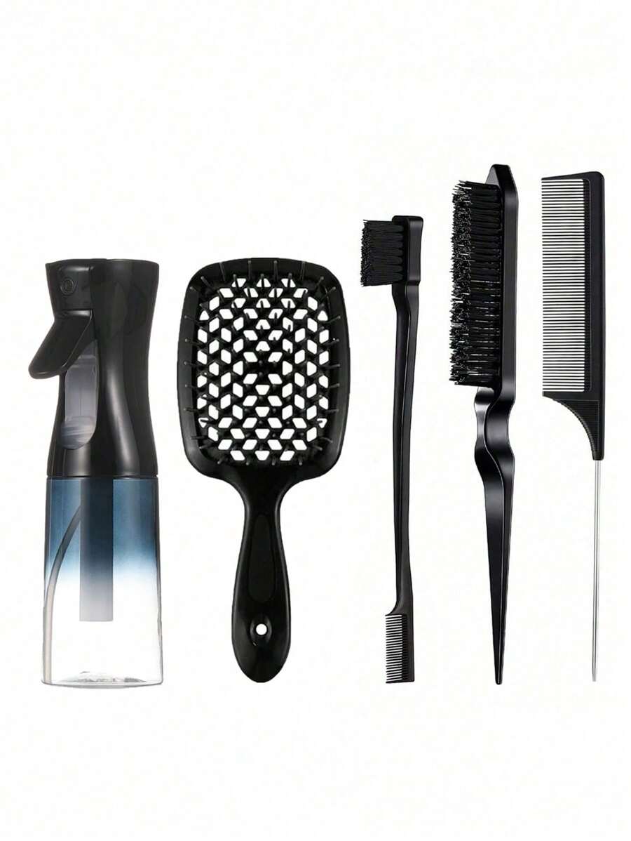 5pcs Hair Styling Set, (6.8 Ounces / 200 Milliliters) Gradient Continuous Fine Mist Spray Bottle, High-Quality Mesh Comb, Suitable For Adult And Girl's Hair, With Comb Teeth Edge, Suitable For Hairstyle Design And Use By Hairdressers., Hair Styling, Hair Stuff, Comb Hair ,Hair Accessories