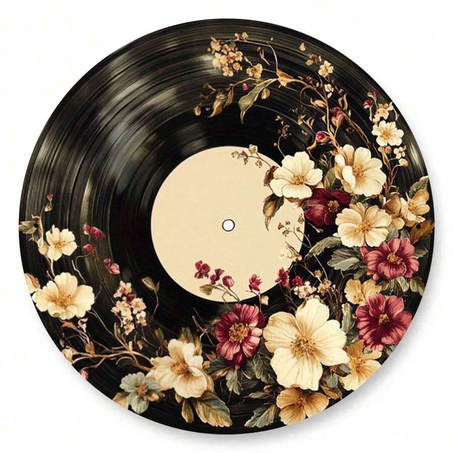 Dekorativer Floral Grammophon Platten Design Metallschild, runde 2D Vintage bedruckte Wandkunst Dekoration, geeignet für Zuhause, Küche, Garten, Büro - einzigartiges Weihnachtsgeschenk, Retro Metallposter (keine echte Platte)