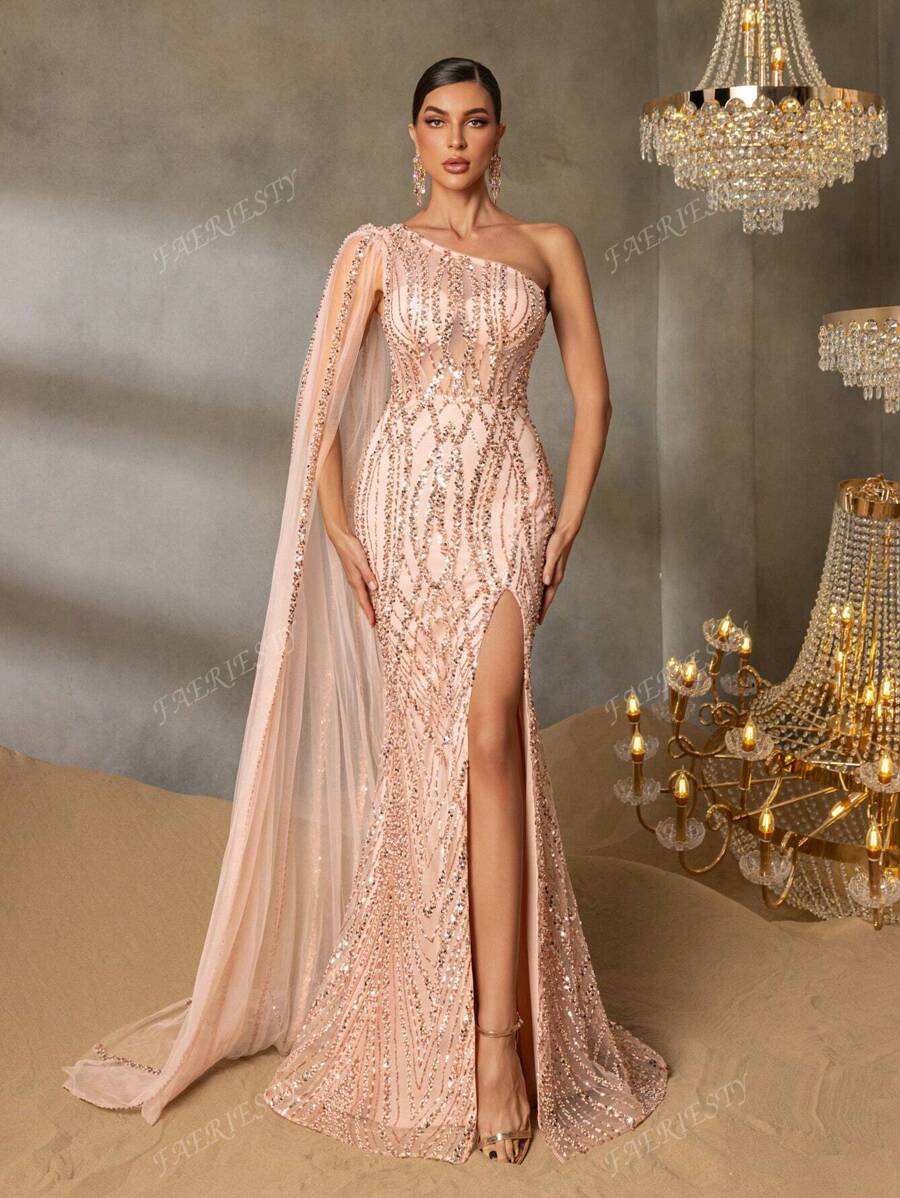 Faeriesty Faeriesty Asymmetric One-Shoulder Evening Gown With Flowing Organza Drape, Embellished Waist Detail, Dramatic Thigh-High Slit & Mermaid Fishtail Hem – Elegant Formal Dresses For Red Carpet Events, Black-Tie Galas, Luxury Wedding Receptions, Fashion Showcases, Award Ceremonies