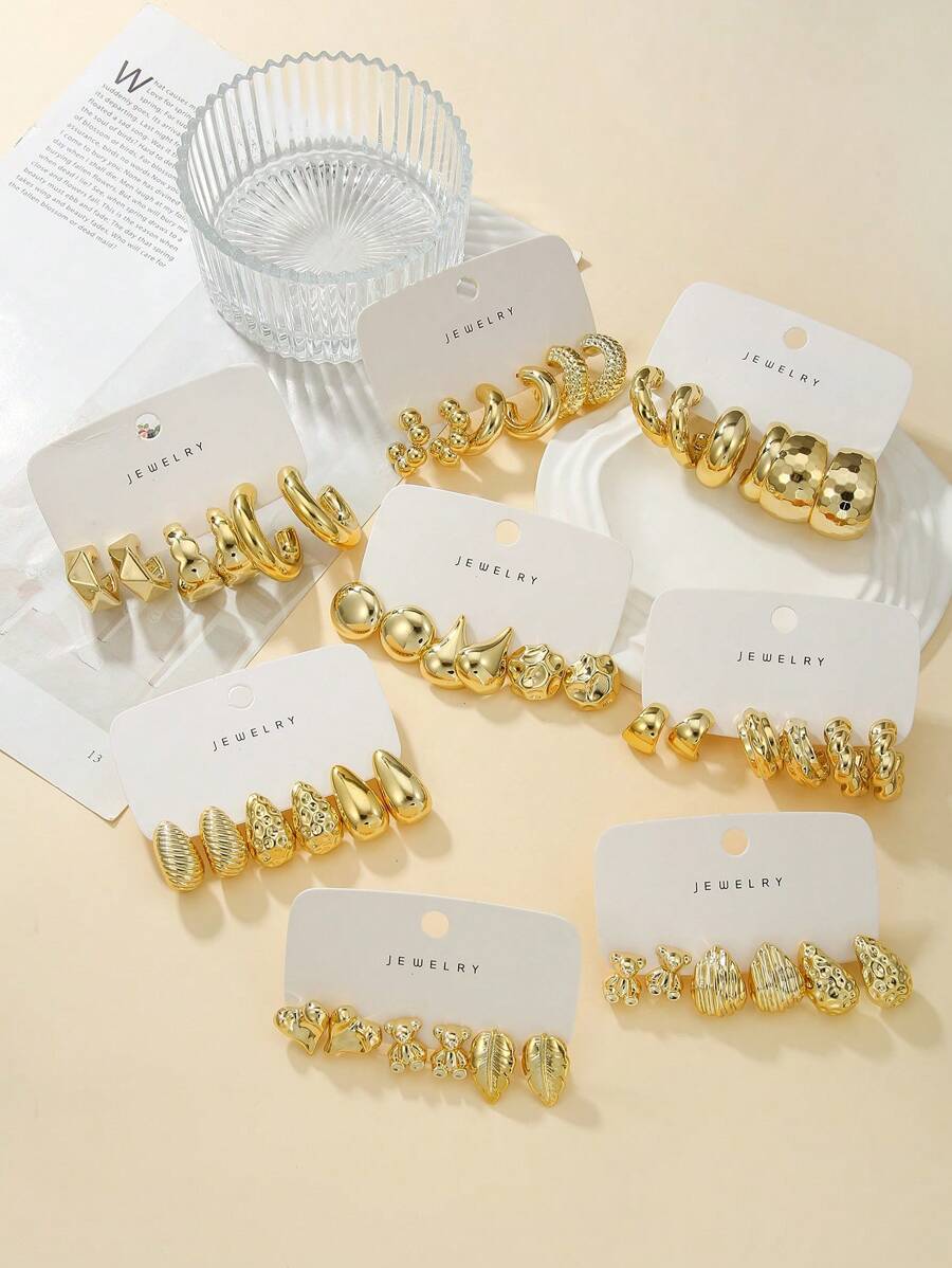 6pcs/Set Fashion CCB Geometric C Shape Heart Bear Leaf Water Drop Earring Set, Suitable For Ladies Daily Wear, Beach, Resort, Concert, Party, Gift
