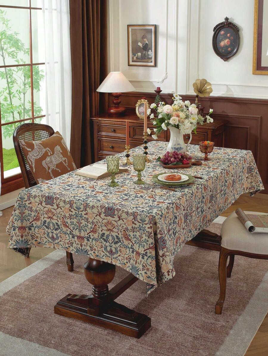 1pc Elegant Floral Printed Square Tablecloth, Rectangular Shape, Vintage & Sophisticated, Suitable For Wedding, Spring/Summer, Afternoon Tea, Kitchen Gathering Decoration