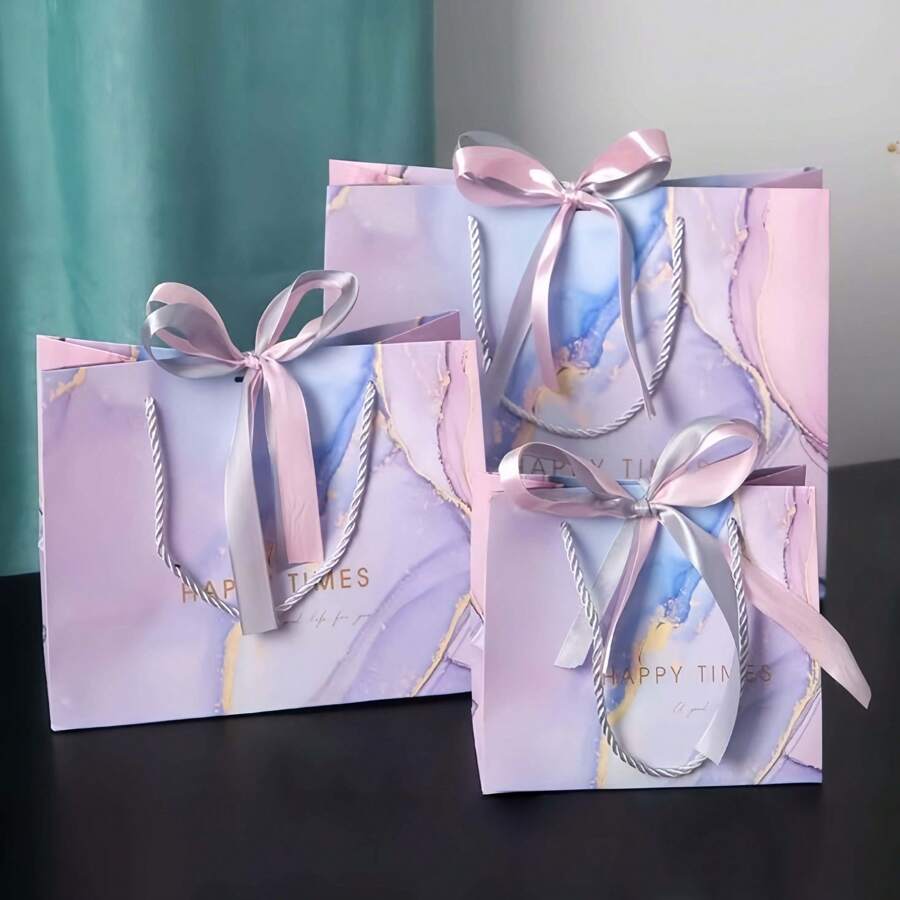 2 pezzi/5 pezzi Sacchetti regalo con decori in nastro e motivo a marmo, sacchetti regalo in carta per regali di Festa del papà, compleanni, matrimoni