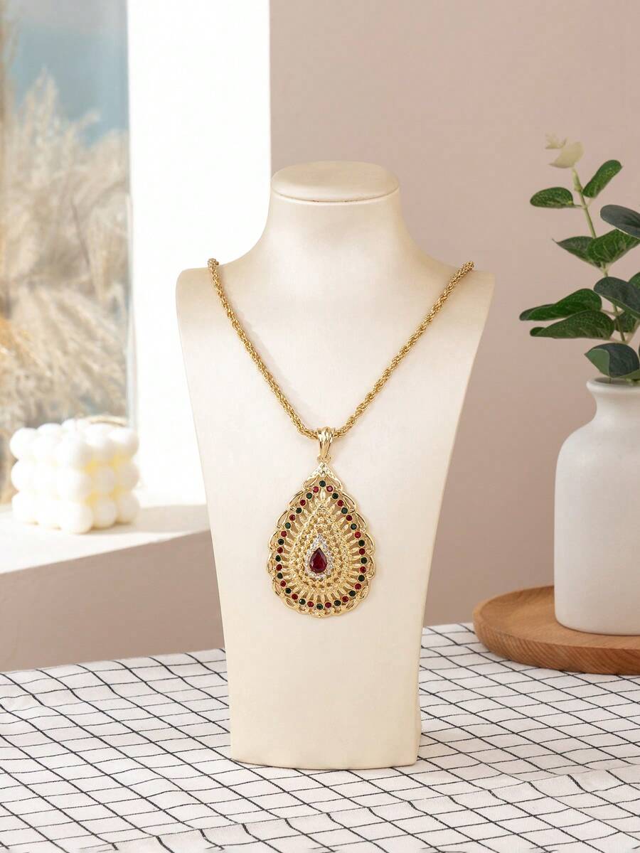 Colar com pingente de gota d'água vazada, estilo palácio, metálico, multicolorido, corrente torcida, acessórios para casamento, presente de festival e pequenas joias