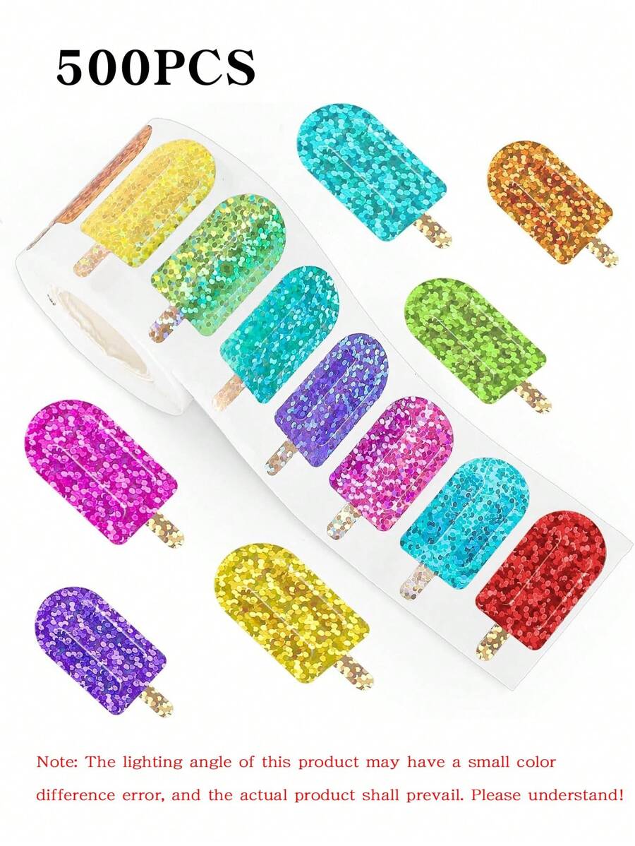 1000 piezas/500 piezas Rollo de pegatinas con flores láser de 4 estaciones para niños - 8 pegatinas autoadhesivas con formas de flores de colores, con patrones de paletas de hielo y rosas, de material PET, muy adecuadas para sobres, diarios, decoración de cumpleaños, bodas y fiestas, etiquetas adhesivas con diseños de dibujos animados láser, etiquetas decorativas para papelería de oficina, pegatinas de sellado