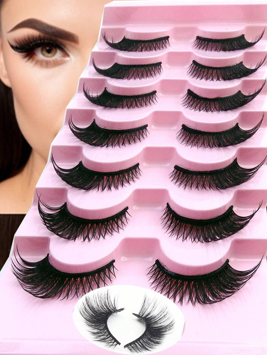 7 Paar neue Katzenaugen-Wimpern, natürlich lang, klares Band, geflügelte Enden, verlängerte Augen, falsche Nerz-Wimpern Make-up