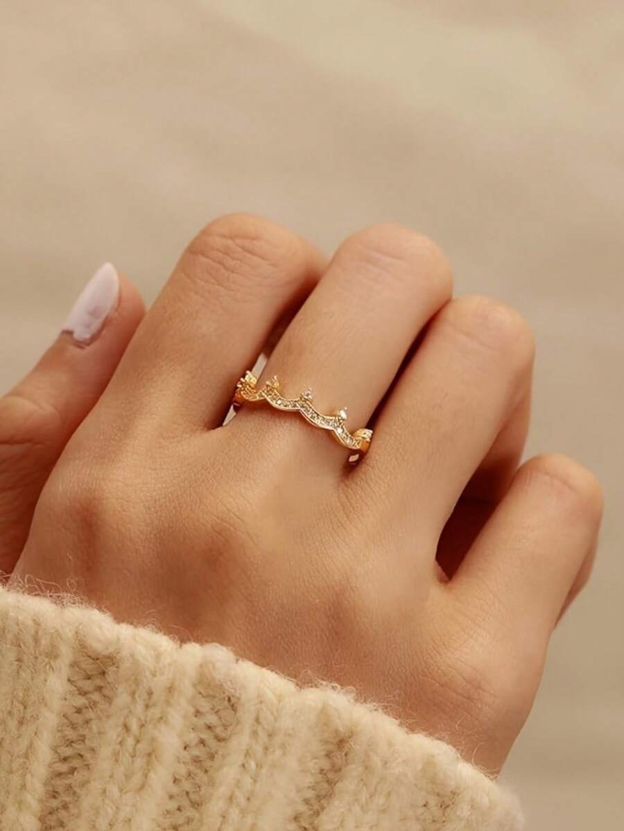 Anillo de corona elegante para mujer, anillo de dedo con cristales estilo lujoso estilo palacio