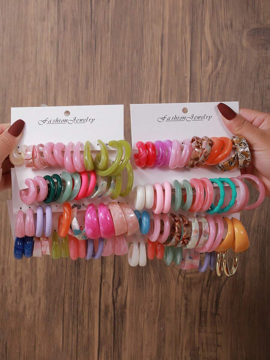 12pcs/Set Boho Style Acrylic Resin C-Shape Round Geometric Waterdrop Earrings, Suitable For Women's Daily Wear, Summer Beach Holiday, Gift
