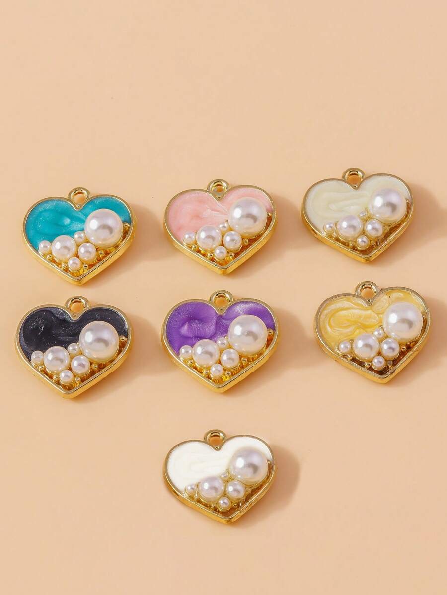 10 pièces/Paquet Colliers pendentifs et porte-clés en forme de cœur avec perles simulées, design élégant, fournitures artisanales DIY
