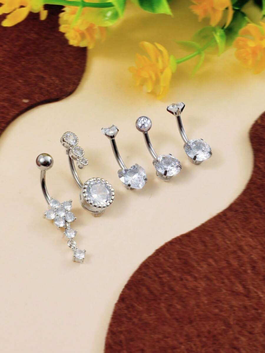 5pcs Stainless Steel Short Navel Rings Set, Women's Classic Belly Button Piercing Jewelry With Heart Shaped Flower & Shining Zirconia