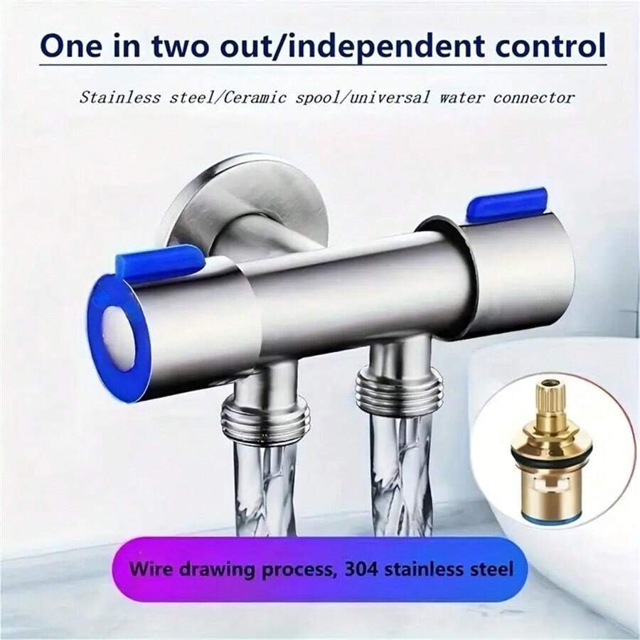 Vanne d'angle à trois voies à double commande, 1 entrée 2 sorties, vanne d'angle de robinet, noyau en laiton en acier inoxydable 304, valve à trois voies compagne des toilettes 1/2", connecteur de tuyau divisé multifonctionnel facile à installer, convient pour le lave-linge, le robinet mural de salle de bain, le connecteur de pomme de douche