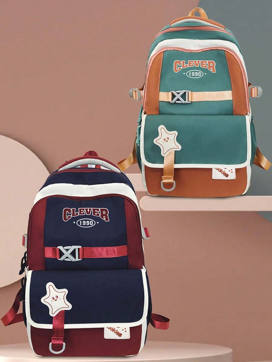 1 Pc American Retro Style Student Backpack.Large Capcity School Bag With Smiling Star Applique.Dual-Compartment Design With 'Cookies' Patch And Adjustable Padded Straps.Lightweight School Backpack.Lively Student Bag.Women's Backpack.Soft Fabric School Rucksack With Side Toggle Pockets.Back To School Supplies.Perfect For School,Back To School, Picnics Or Family Outings,Weekender.Summer Necessities.