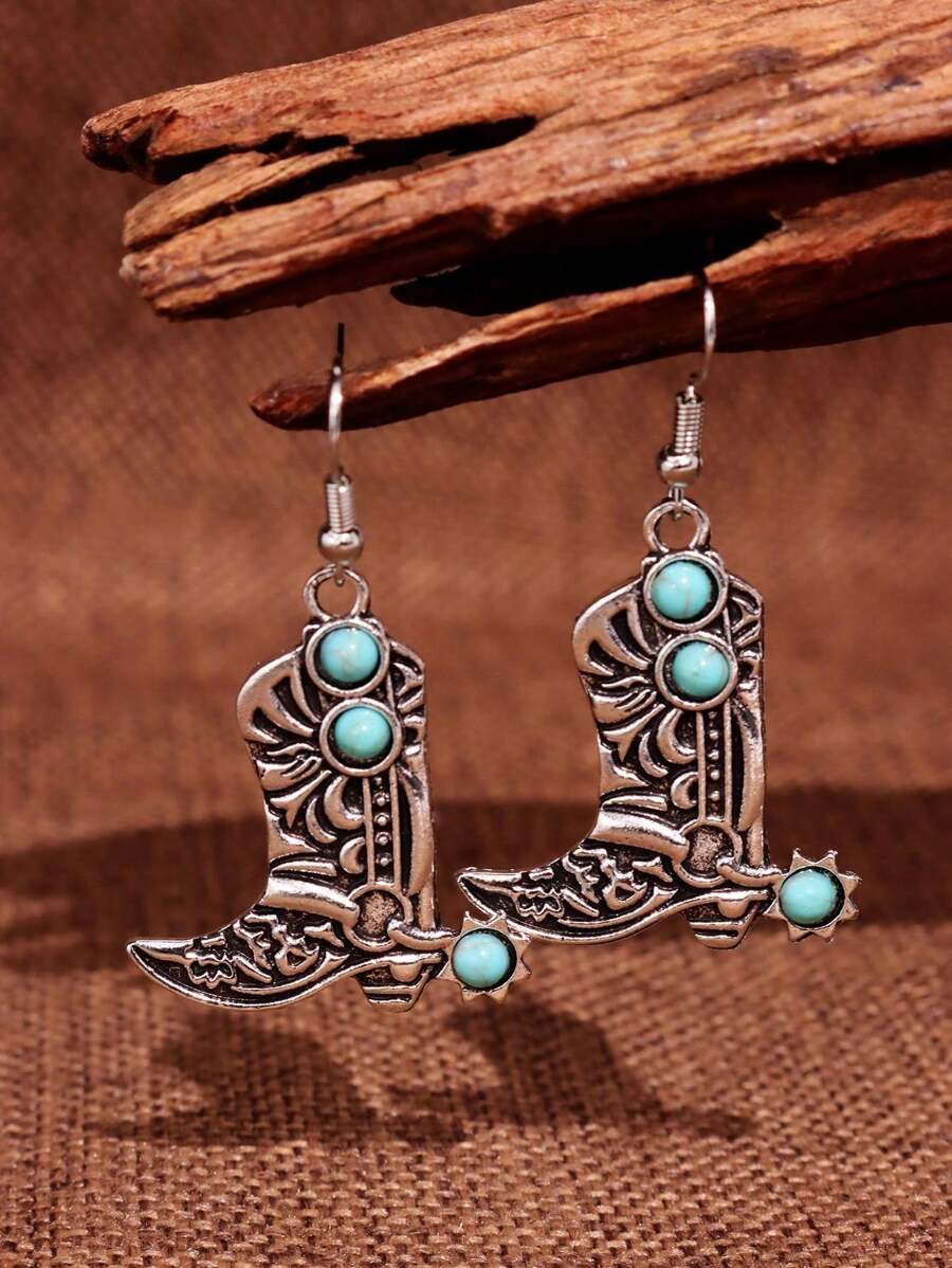 1 paire de boucles d'oreilles cowboy occidentales rétro brillantes, chics et uniques. Style turquoise polyvalent pour le port quotidien, les fêtes, le travail et les vacances