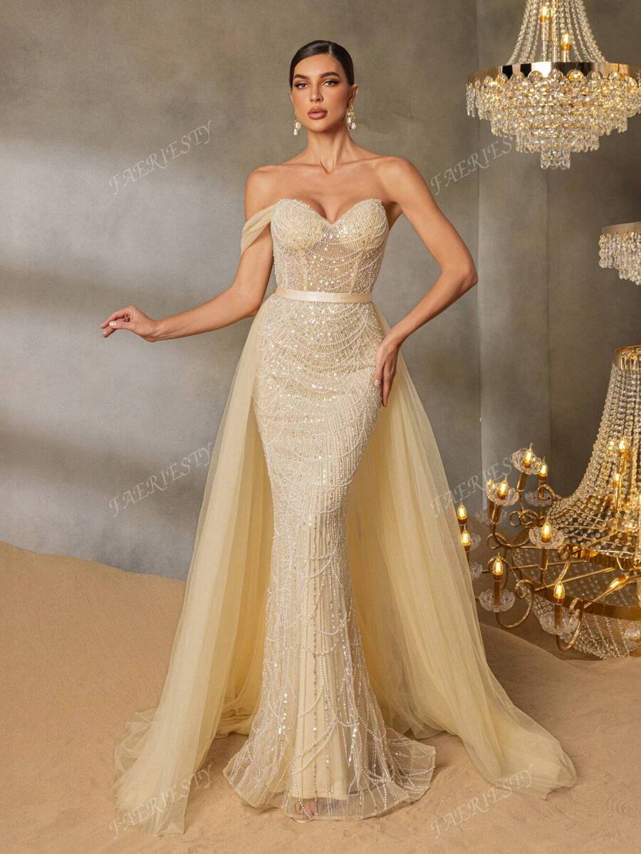 Luxury Off-Shoulder Beaded Mermaid Evening Gown With Tulle Cape Sleeves & Fishtail Train - Structured Sweetheart Bodice, Sequin-Embellished Hem - For Red Carpet Galas, Black-Tie Weddings, Opera Premieres, Charity Balls, Luxury Dinner Events