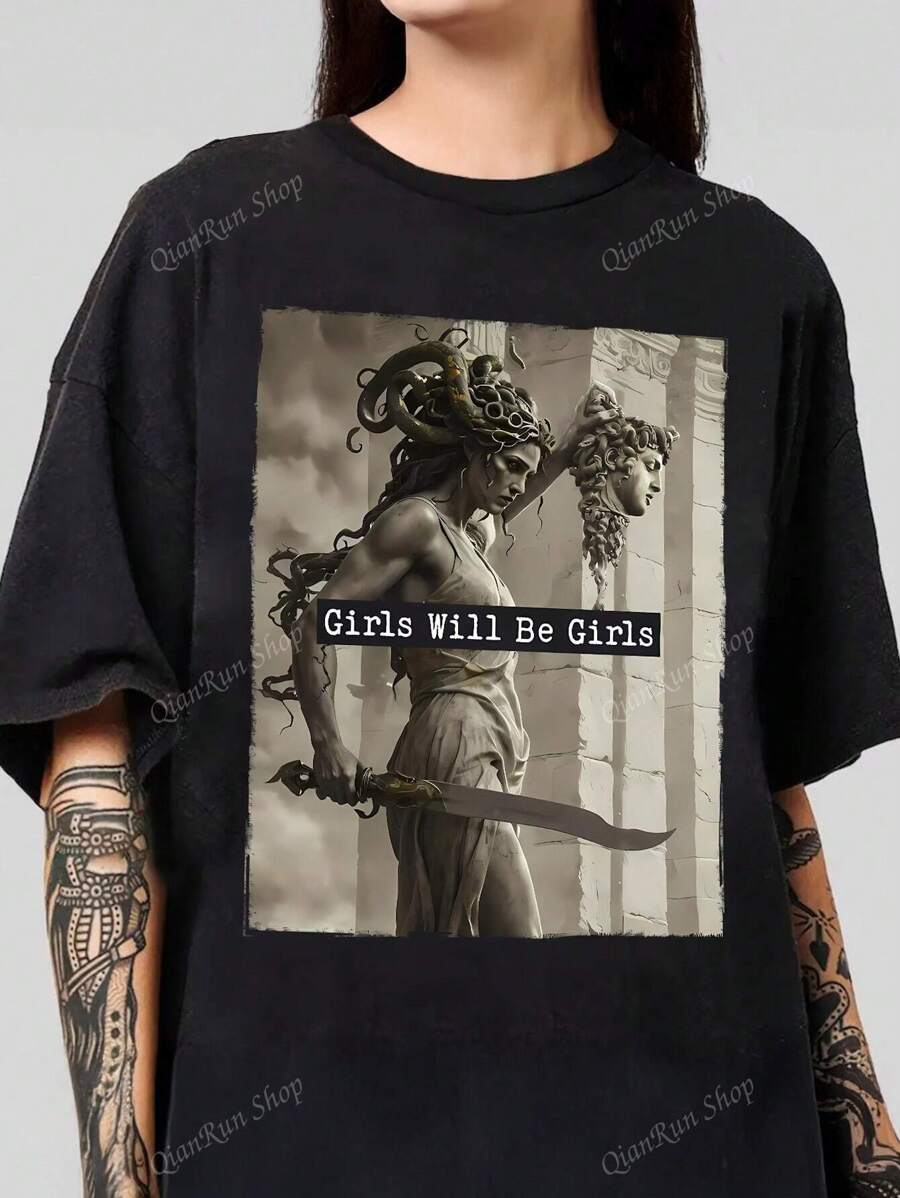 Women's Summer Girls Will Be Girls Graphic Print Round Neck Short Sleeve Simple Casual Everyday Plus Size T-Shirt Tops, Medusa T-Shirt With Perseus Head, Feminism T-Shirt, Women Empowerment T-Shirt