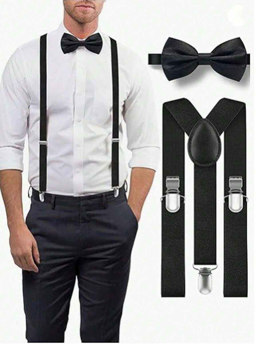 Men's Collar Accessory Set Solid Color Bow Tie And Suspenders For Men: Solid Color Y Back Suspenders And Self-Tying Bow Tie - Suitable For Wedding Attire, Lunar New Year, Valentine's Day Gifts And Everyday Wear