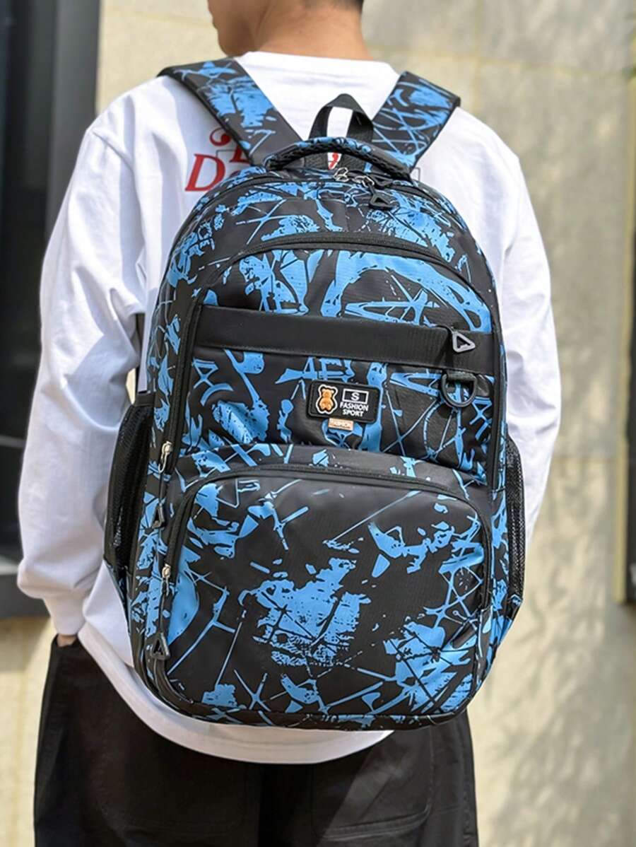 Casual Large Capacity Backpack With Colorblock Pattern & Multiple Pockets, Suitable For Outdoor Sports And Short-Distance Travel, For Men School Bag