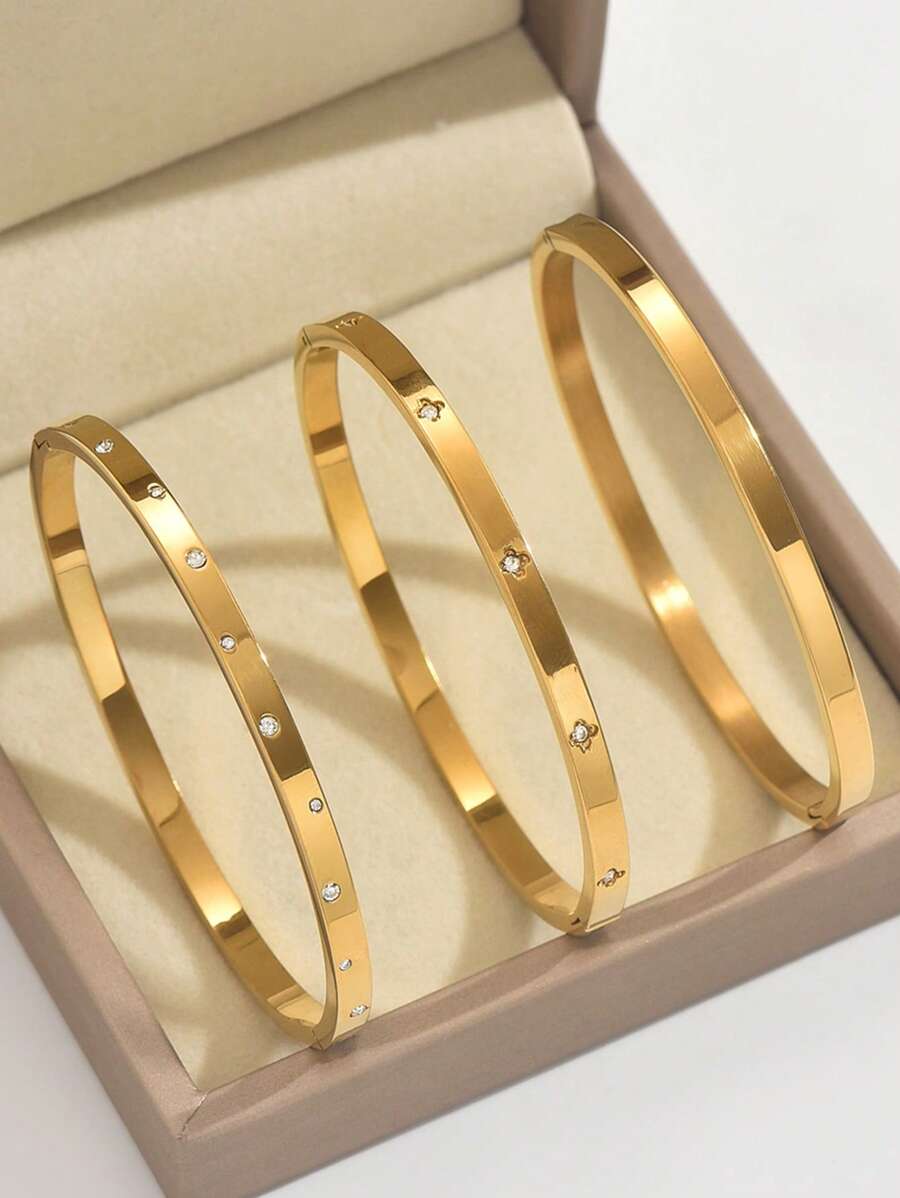 1/3pcs Versatile, Simple And Elegant Women's Fashion Four-Leaf Clover Zirconia Bracelet Set, 18K Gold-Plated Mirror Polished, Vacuum Electroplated, Waterproof And Not Easy To Fade Stainless Steel Bracelet Set, Women's Jewelry, Suitable For Women's Gatherings, Daily Wear,