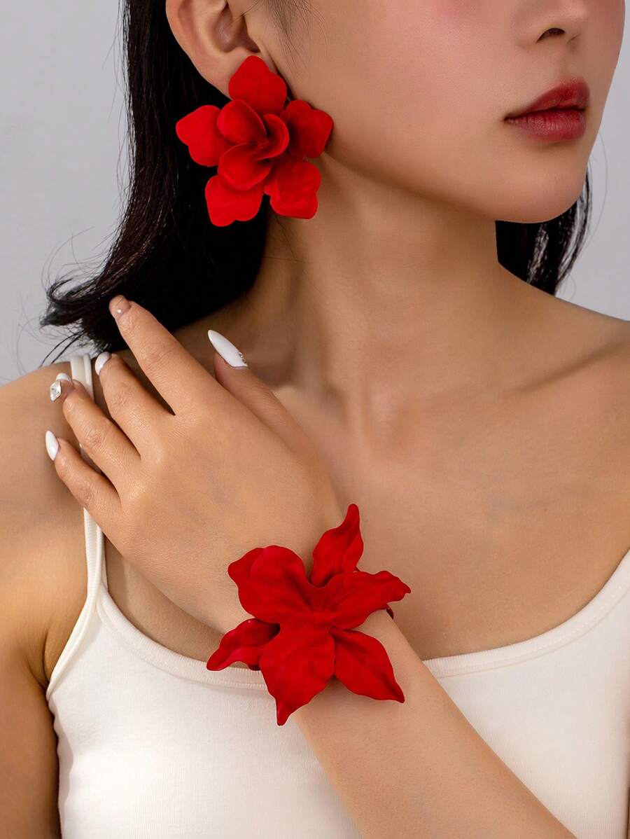 2 Peças Conjunto de Pulseira e Brincos Florais Grandes, Vintage e Únicos, Adequado para Uso Diário de Mulheres