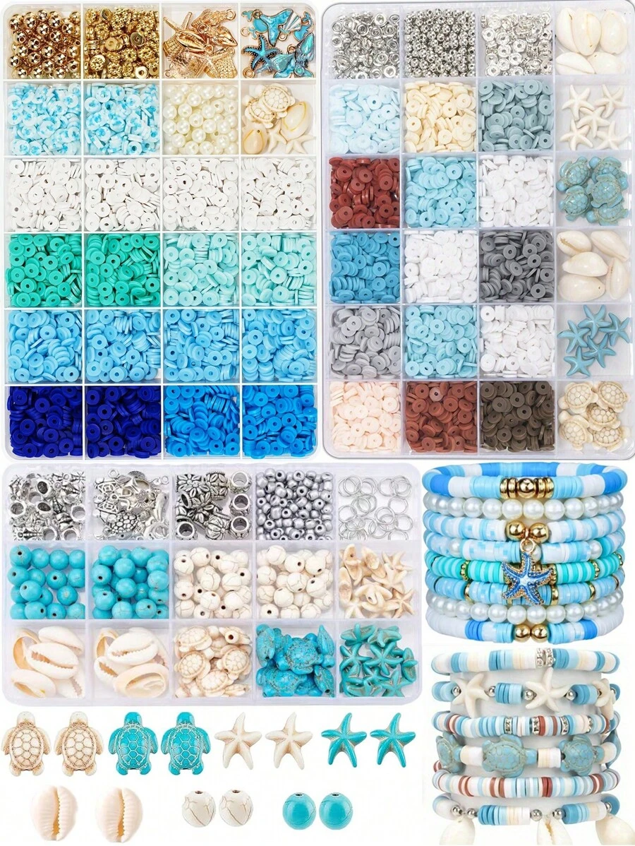 1 caja de set de cuentas con tema oceánico, kit de fabricación de pulseras de amistad estilo vacaciones de verano, set de cuentas de arcilla para manualidades de joyería, pulseras, collares, aretes, regalos artesanales