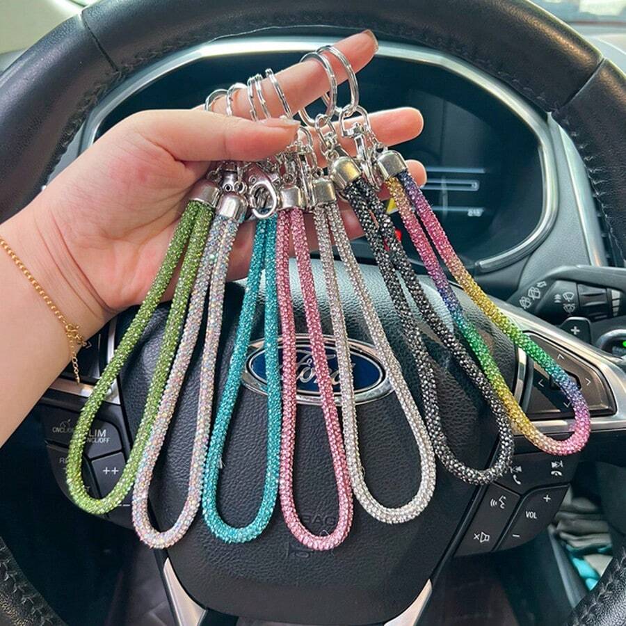 1 pieza Correa de teléfono/llavero/colgante de bolso/cadena de insignia con pedrería brillante y completamente enjoyado de moda, correa de muñeca duradera accesorio de coche, escuela