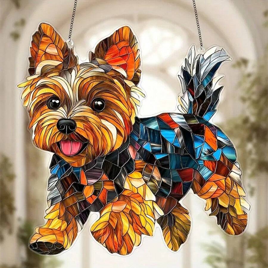 Yorkshire Terrier Acrylic Glass Hanging Decoration - 8" X 8" Hanging Suncatcher, Suitable For Windows, Cars And Home Decor - Animal Themed Birthday Gift For Dog Lovers - Durable Art Wall Decor For Garden, Porch, Bedroom, Office