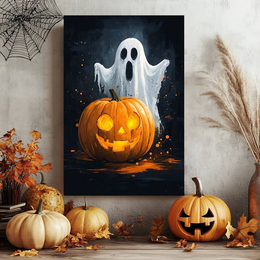 1 Piece,Orange Pumpkin Ghost's Halloween, Vintage Frameless Art Decoration Painting, Printed Posters Mural, Waterproof Canvas,Suitable For Home, Office, Bedroom, Living Room, Study, Bathroom, Bar, Wall Arts And Home Decoration, Is An Ideal Holiday Gift Halloween Decor Fall Decor Room Decor